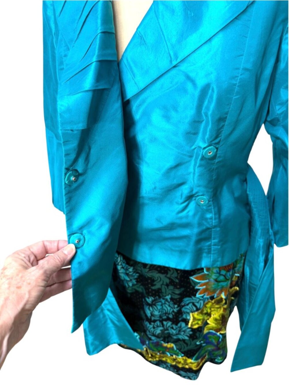 Vintage CARLISLE Teal Silk Dupioni Wrap Jacket /Evening Blouse w/ Ruched Collar - Picture 8 of 11